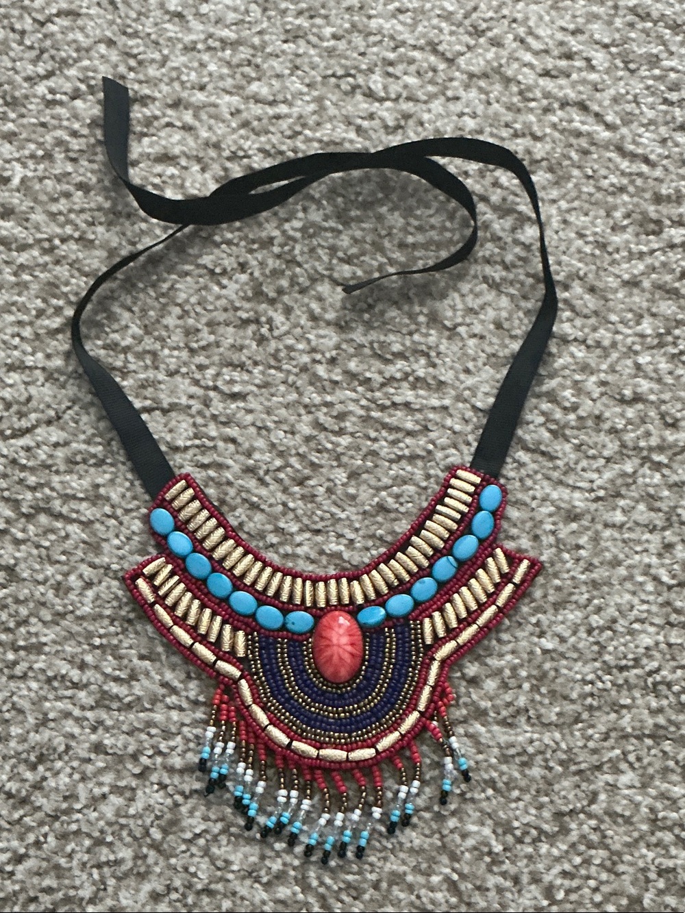 Handcrafted Beaded Statement Necklace - Red, Turquoise & Gold